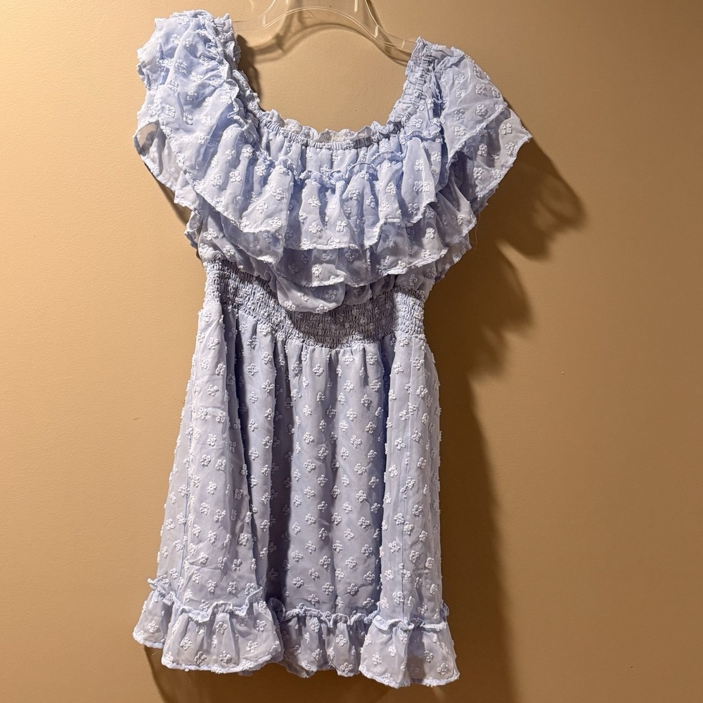 Kori America M Blue Mini Dress Clip Dot Cottagecore Smocked Fairy Flowy Boho EUC